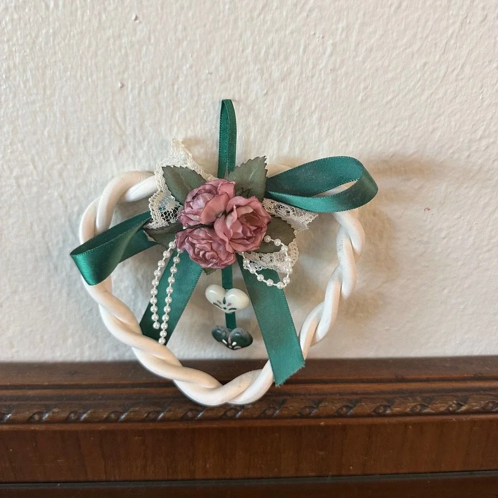 Vintage Heart Wall Hanging Ornament Rose Floral Lace Ribbon Cottagecore Decor